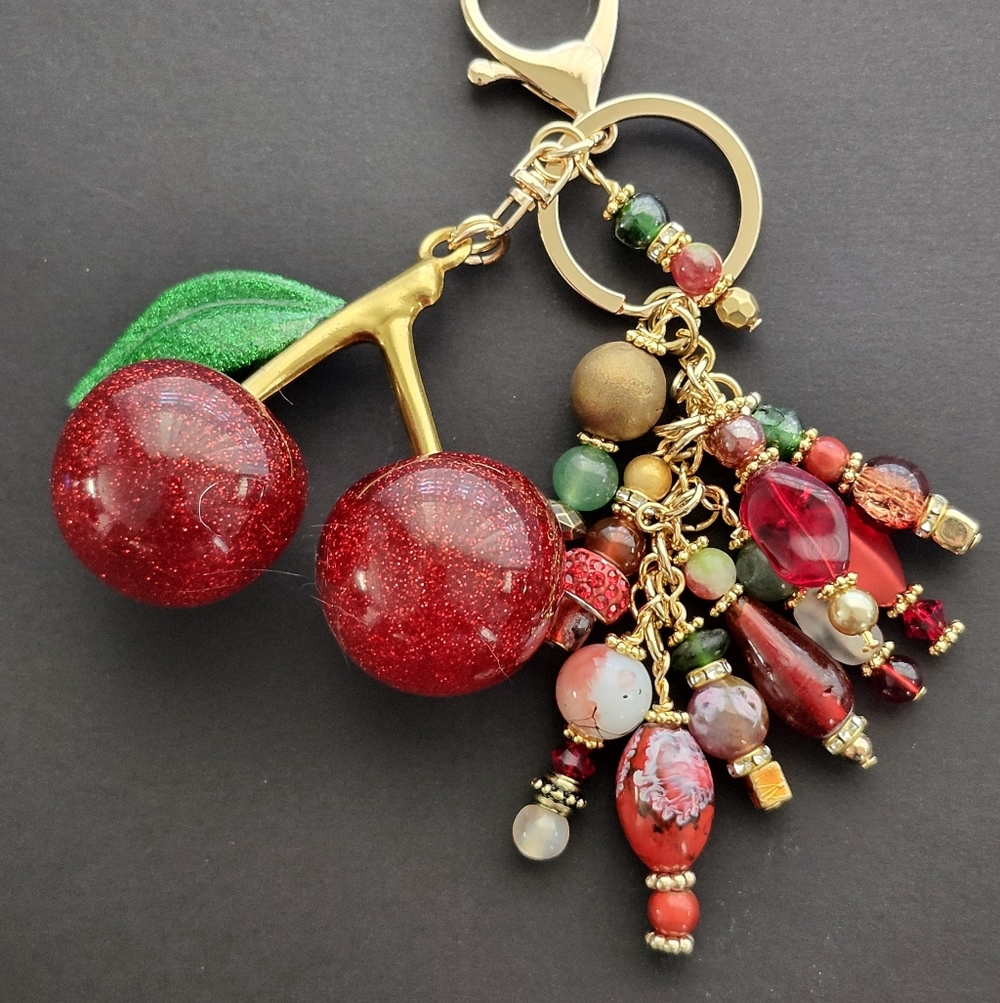 Cherry Purse Charm Over-sized Carnelian Aventurine Stone Glass Handcrafted